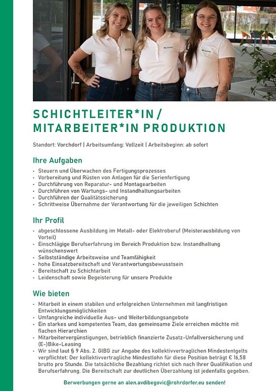 Job als Schichtleiter Produktion, Produktionsmitarbeiter, Fertigungsmitarbeiter und Instandhaltungstechniker in Vorchdorf. Vollzeitstelle mit Verantwortung, Weiterbildung, Qualitätssicherung, Anlagenrüstung und langfristigen Karrierechancen in einem erfolgreichen österreichischen Produktionsbetrieb.